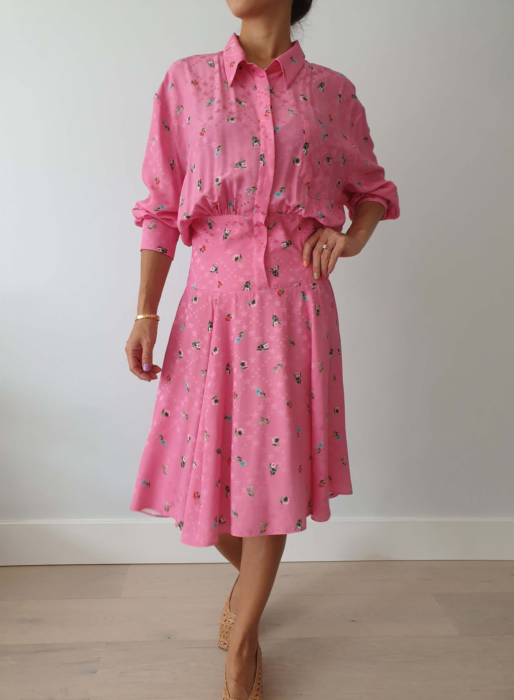 Pink Flower Shirt Dress